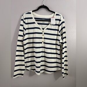 Sonoma Navy and White Striped Henley Long Sleeve Top
